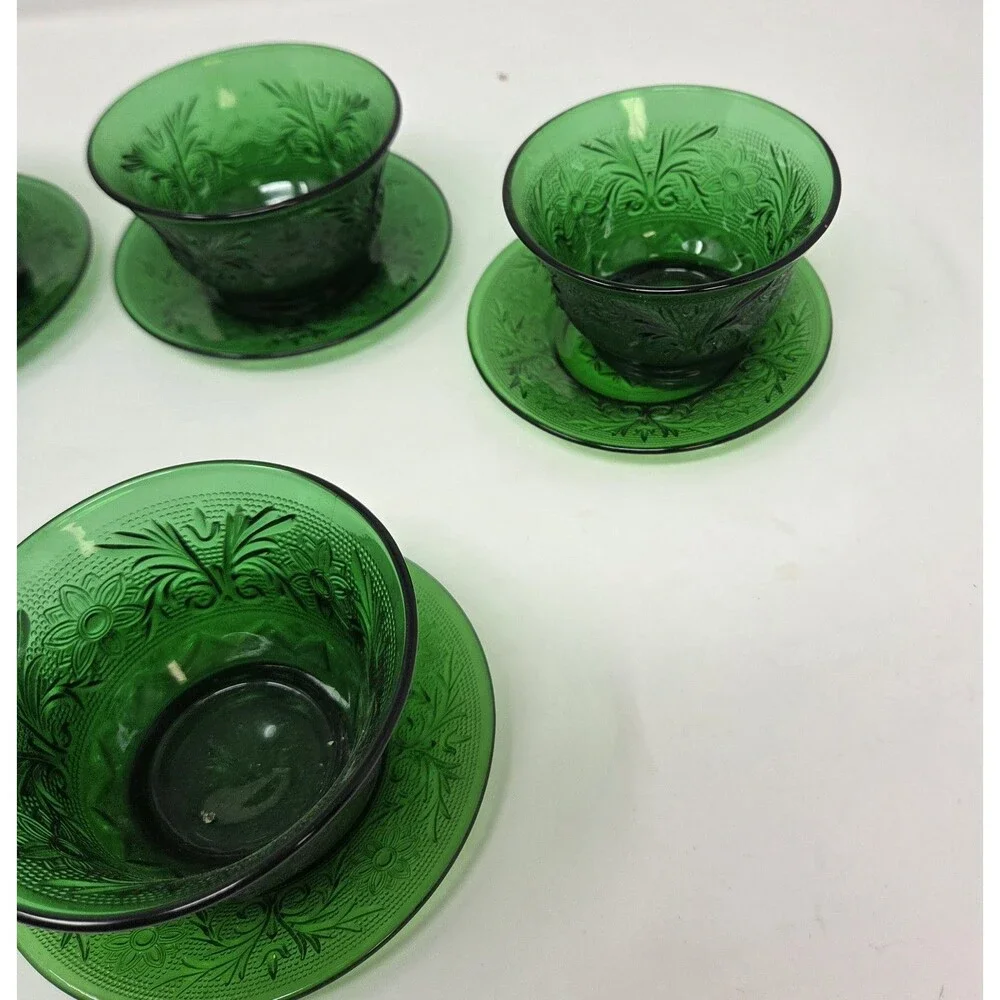 6 Vintage Anchor Hocking Forest Green Sandwich Custard Cups Set And Saucer‎ Set